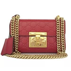 GUCCI Ssima Padlock Small GG Logo Leather Chain Shoulder Bag Red